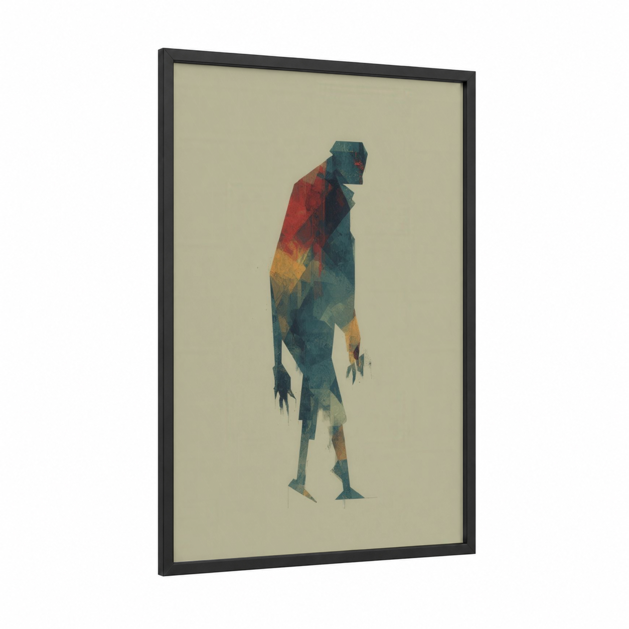 Geometric Zombie framed art print — black wood frame — teal and russet palette