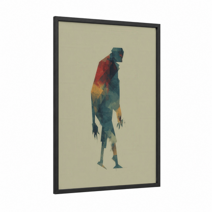 Geometric Zombie framed art print — black wood frame — teal and russet palette