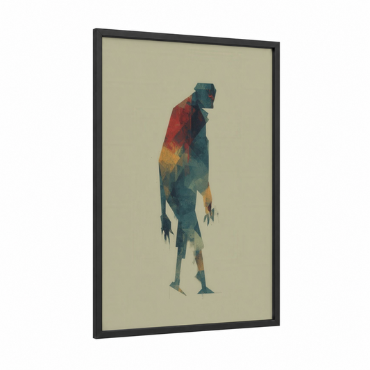 Geometric Zombie framed art print — black wood frame — teal and russet palette