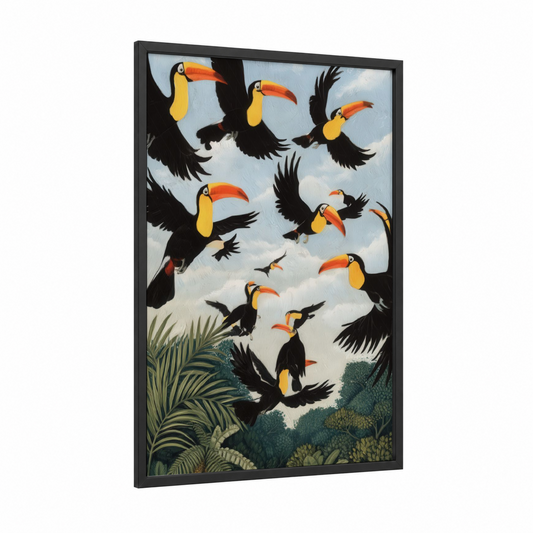 Tropical Toucan Flight framed art print — black wood frame — orange and blue and white palette