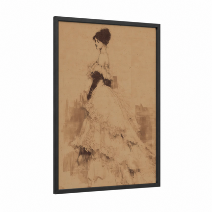 Elegant Evening Silhouette framed retro fashion print — black wood frame — beige and black palette