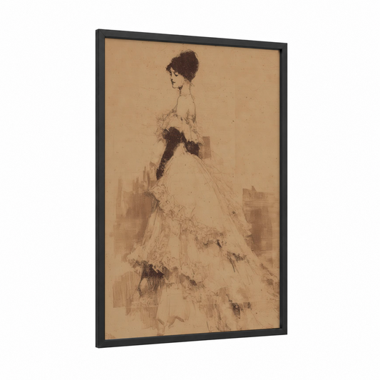 Elegant Evening Silhouette framed retro fashion print — black wood frame — beige and black palette