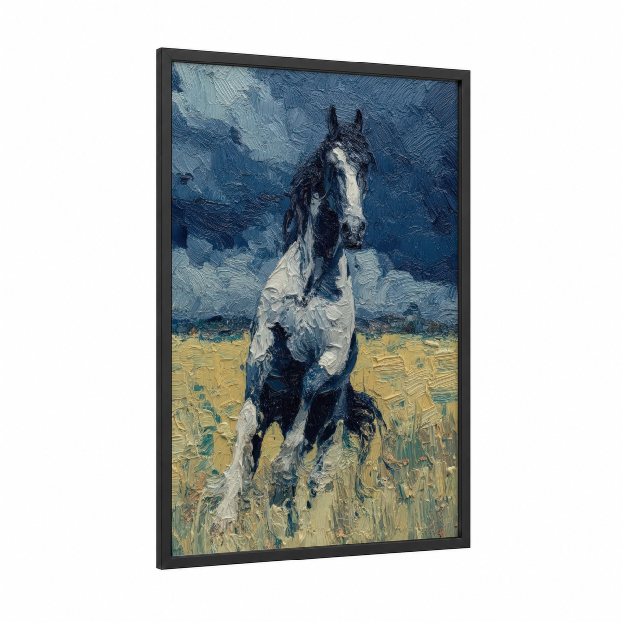 Galloping Friesian framed friesian horse print — black wood frame — blue and gold palette