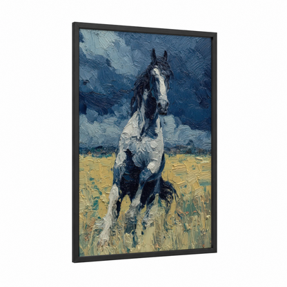 Galloping Friesian framed friesian horse print — black wood frame — blue and gold palette