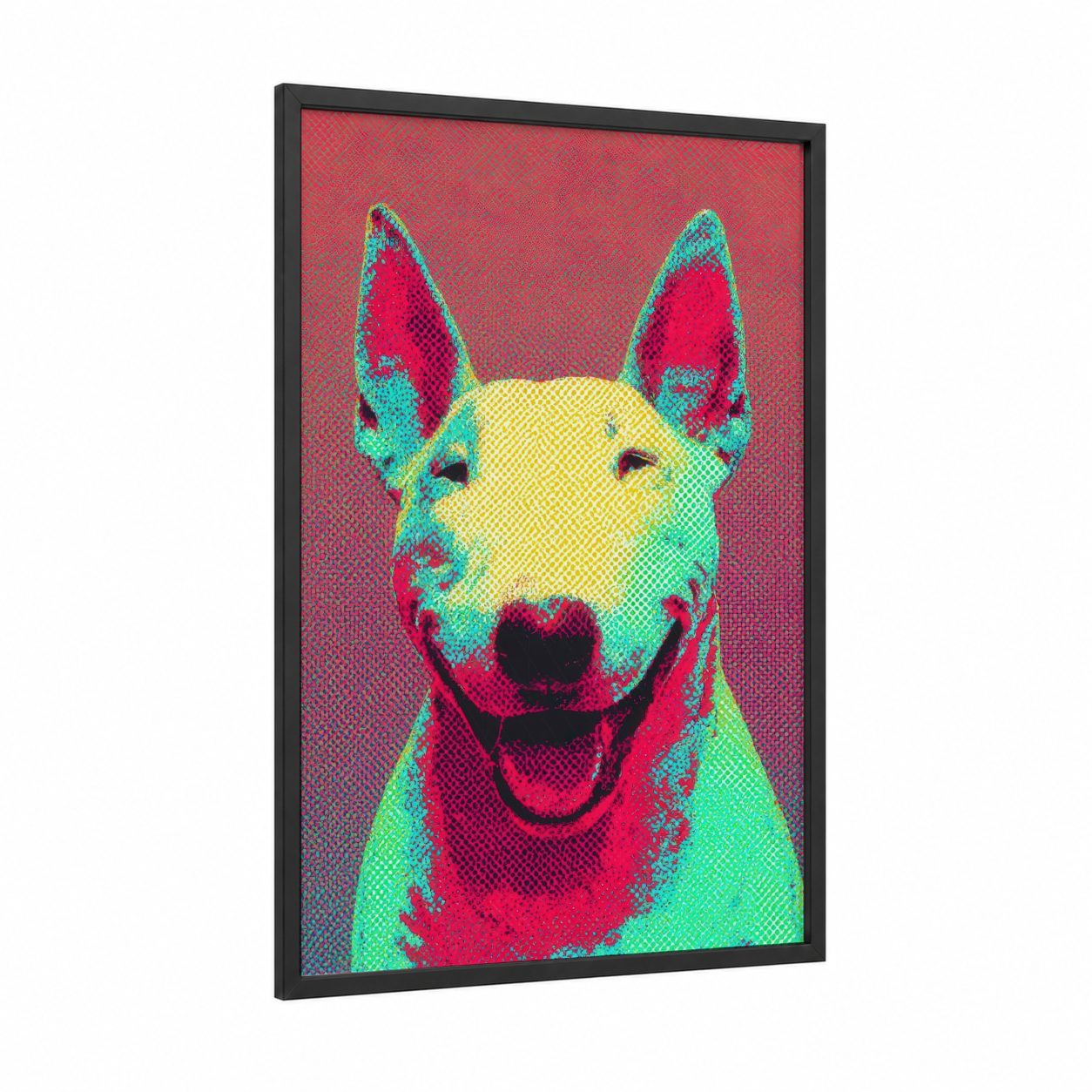 Pop Art Terrier framed art print — black wood frame — magenta and teal palette
