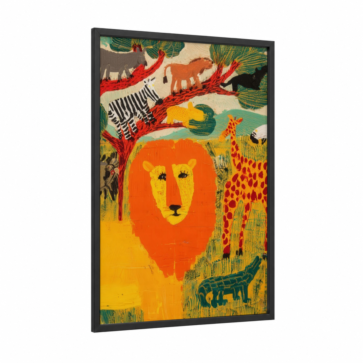 Savanna Lion Pride framed art print — black wood frame — orange and green palette