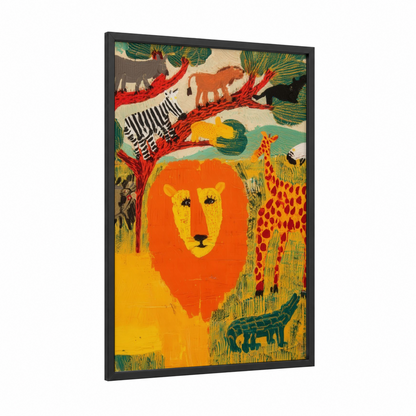 Savanna Lion Pride framed art print — black wood frame — orange and green palette