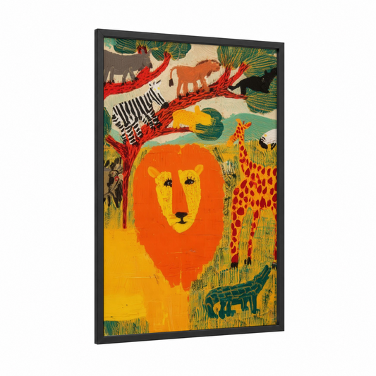 Savanna Lion Pride framed art print — black wood frame — orange and green palette