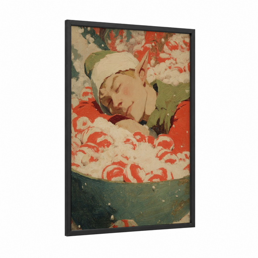 Peaceful Christmas Sleep framed art print — black wood frame — red and cream palette