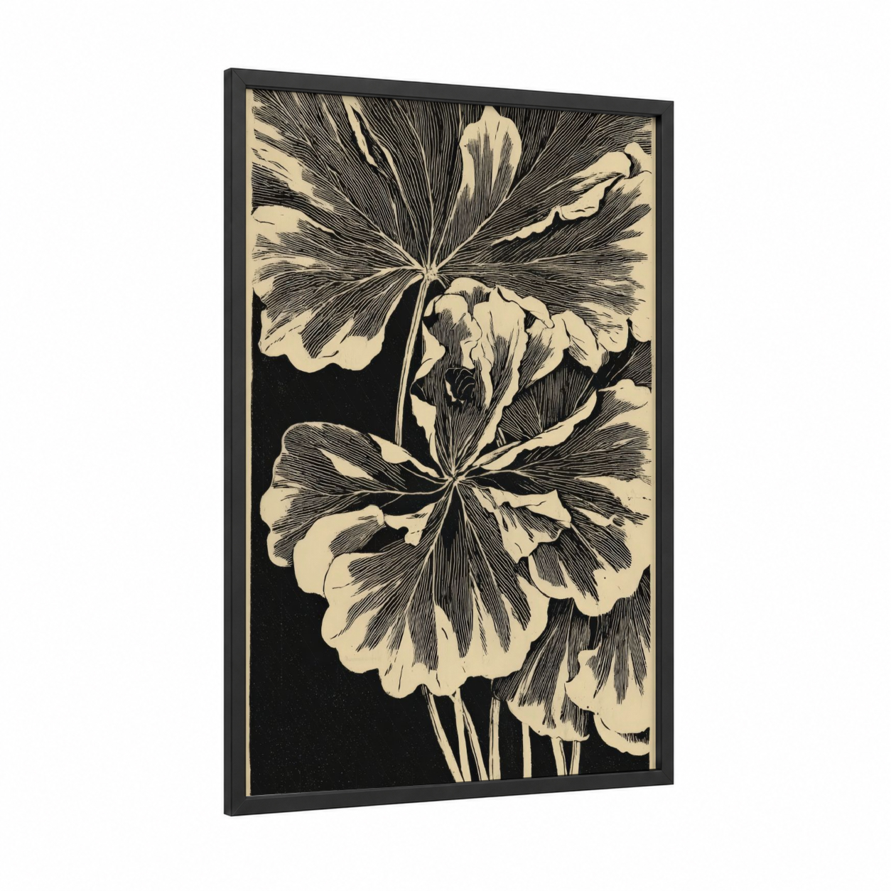 Bold Geranium Woodcut framed art print — black wood frame — black and white palette