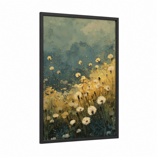 Dreamy Dandelion Field framed art print — black wood frame — sage green and gold palette