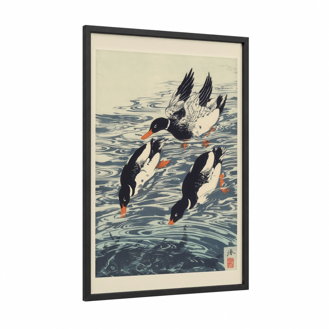 Diving Ducks framed art print — black wood frame — black and white and blue palette
