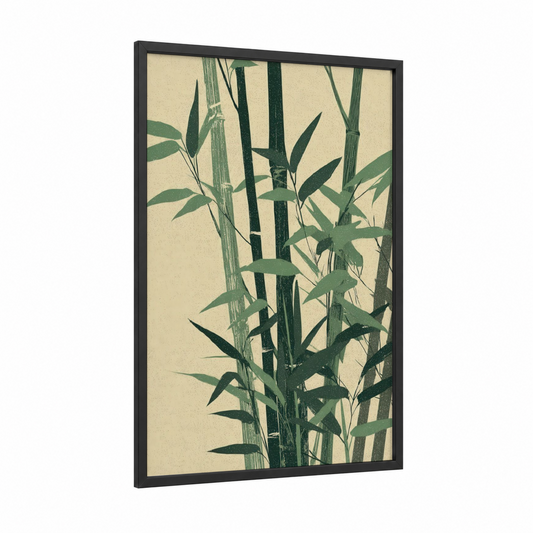 Zen Bamboo Grove framed art print — black wood frame — green and cream palette