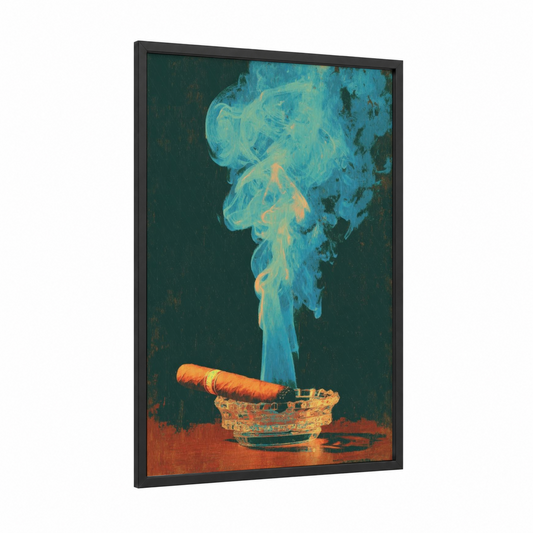 Smoky Reverie framed cigars print — black wood frame — teal and russet palette