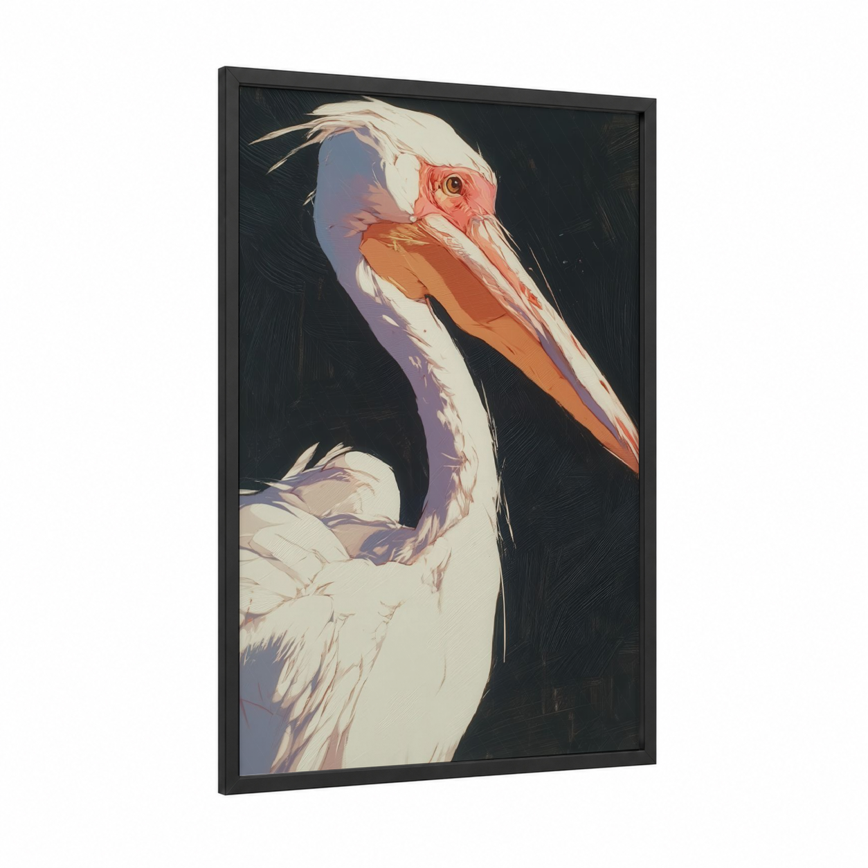 Elegant Pelican framed art print — black wood frame — cream and orange palette