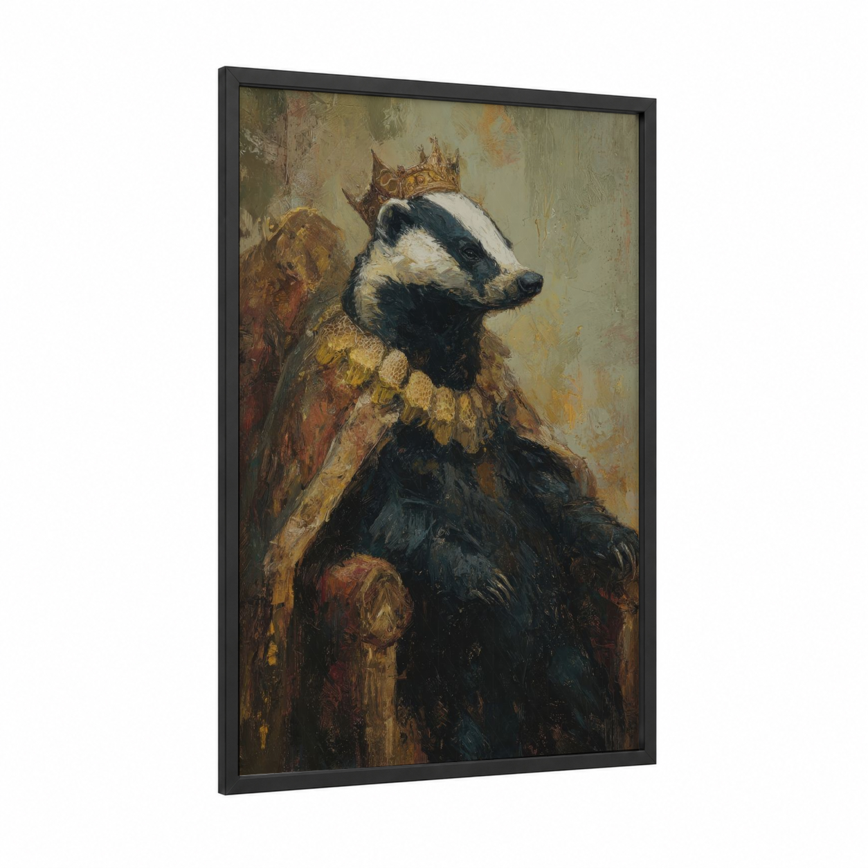 Royal Badger framed art print — black wood frame — gold and brown palette
