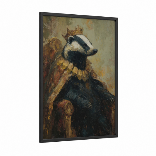 Royal Badger framed art print — black wood frame — gold and brown palette