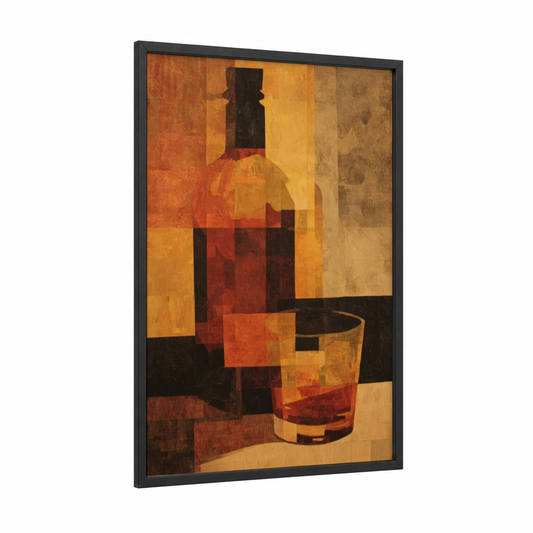 Amber Whiskey Still framed art print — black wood frame — gold and russet palette