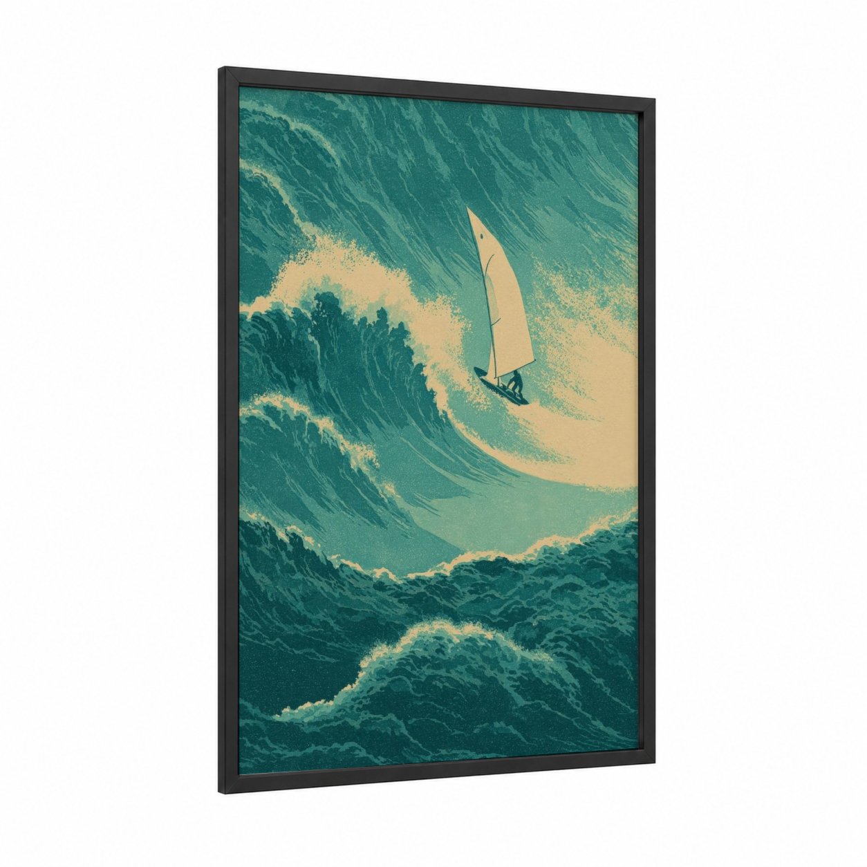Wave Rider framed windsurfing print — black wood frame — teal and cream palette