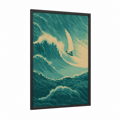 Wave Rider framed windsurfing print — black wood frame — teal and cream palette