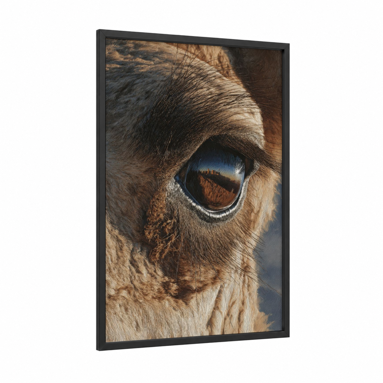 Desert Gaze Camel framed art print — black wood frame — gold and brown palette