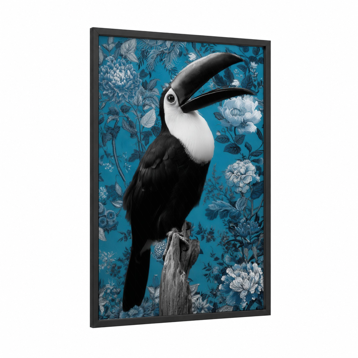 Tropical Toucan framed art print — black wood frame — teal and black and white palette
