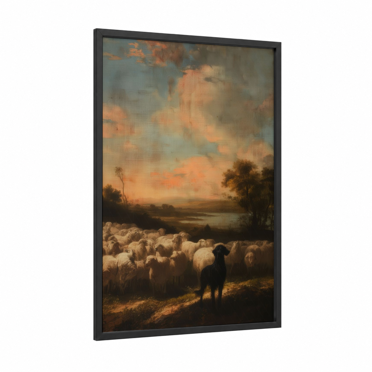Shepherd's Golden Hour framed shepherd dogs and collies print — black wood frame — peach and gold palette