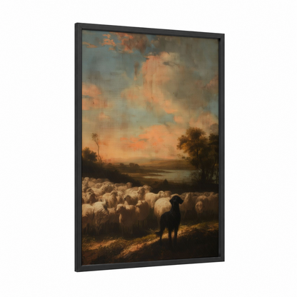 Shepherd's Golden Hour framed shepherd dogs and collies print — black wood frame — peach and gold palette