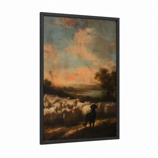 Shepherd's Golden Hour framed shepherd dogs and collies print — black wood frame — peach and gold palette