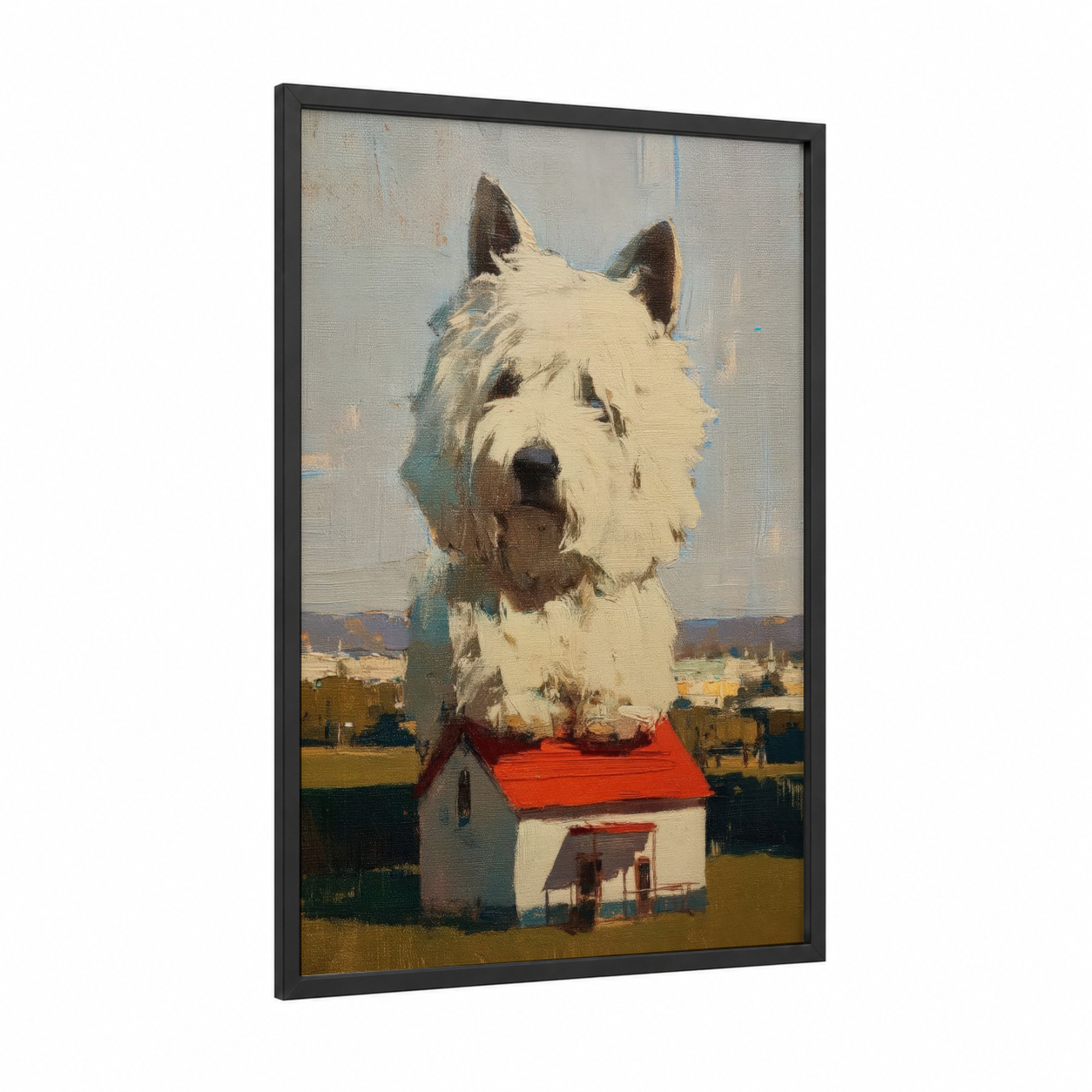 Quirky Terrier Monument framed art print — black wood frame — cream and sage green palette