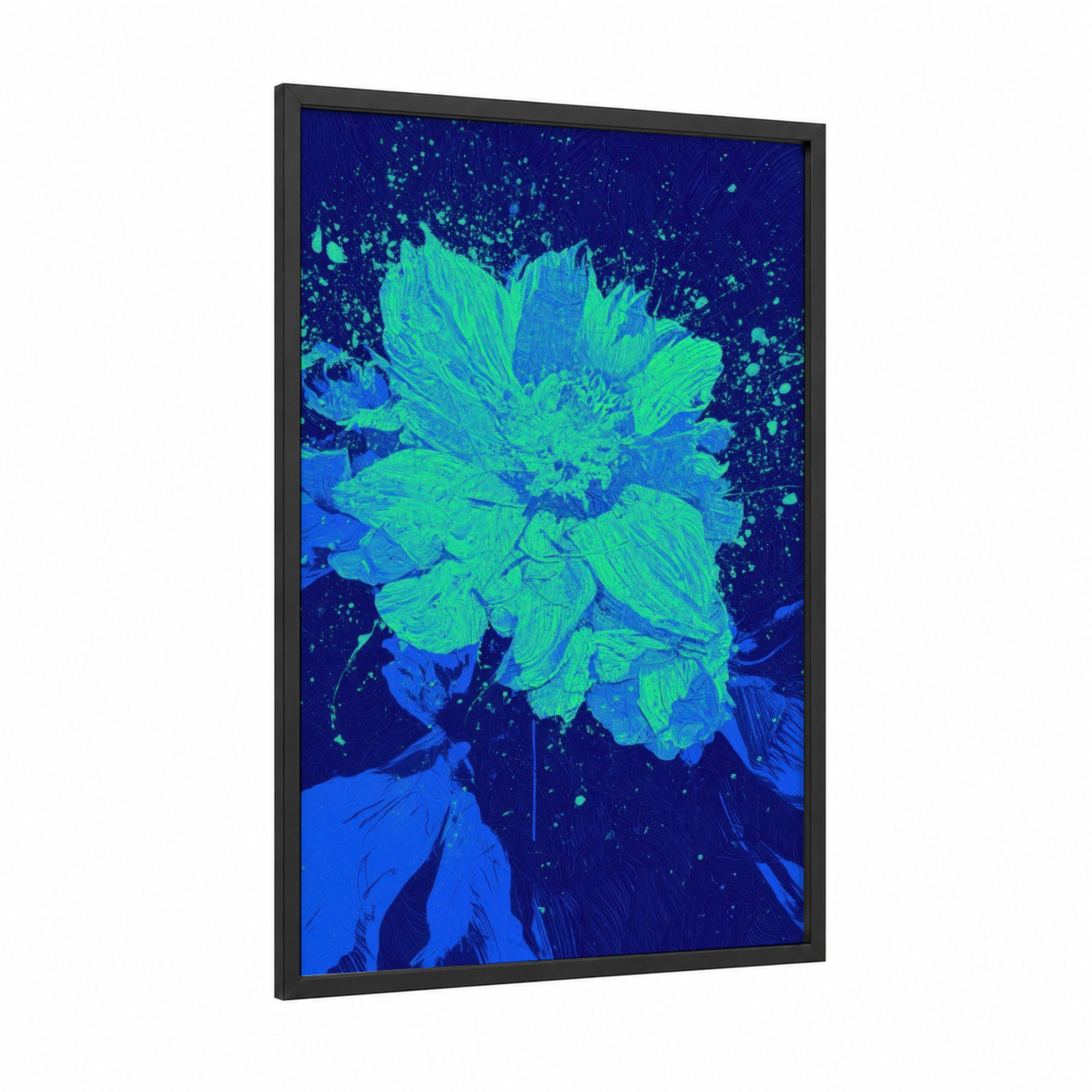 Neon Bloom Explosion framed abstract flower print — black wood frame — blue and green palette