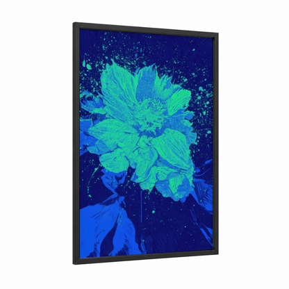 Neon Bloom Explosion framed abstract flower print — black wood frame — blue and green palette