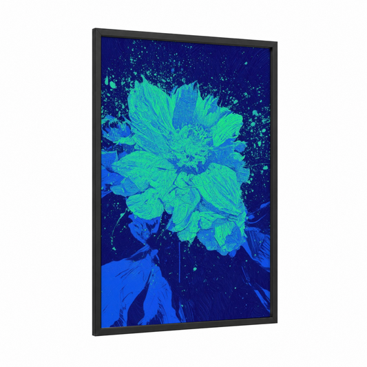 Neon Bloom Explosion framed abstract flower print — black wood frame — blue and green palette