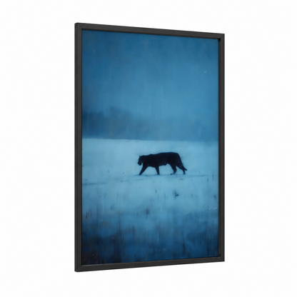Solitary Jaguar framed art print — black wood frame — blue and white palette