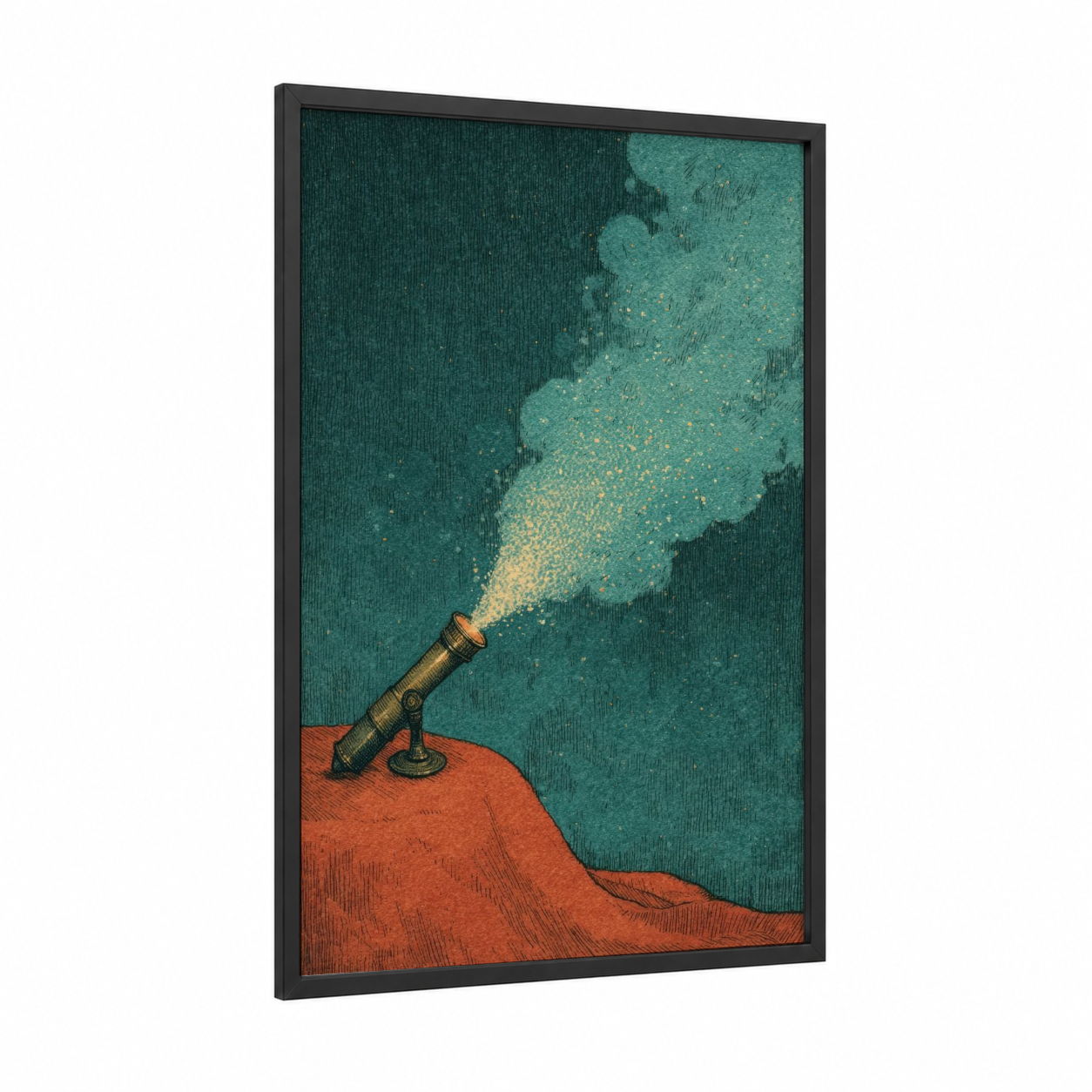 Golden Discovery Spyglass framed art print — black wood frame — teal and russet palette