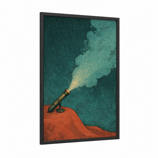 Golden Discovery Spyglass framed art print — black wood frame — teal and russet palette