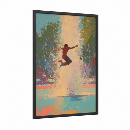 Urban Leap framed street dance print — black wood frame — teal and yellow gold palette