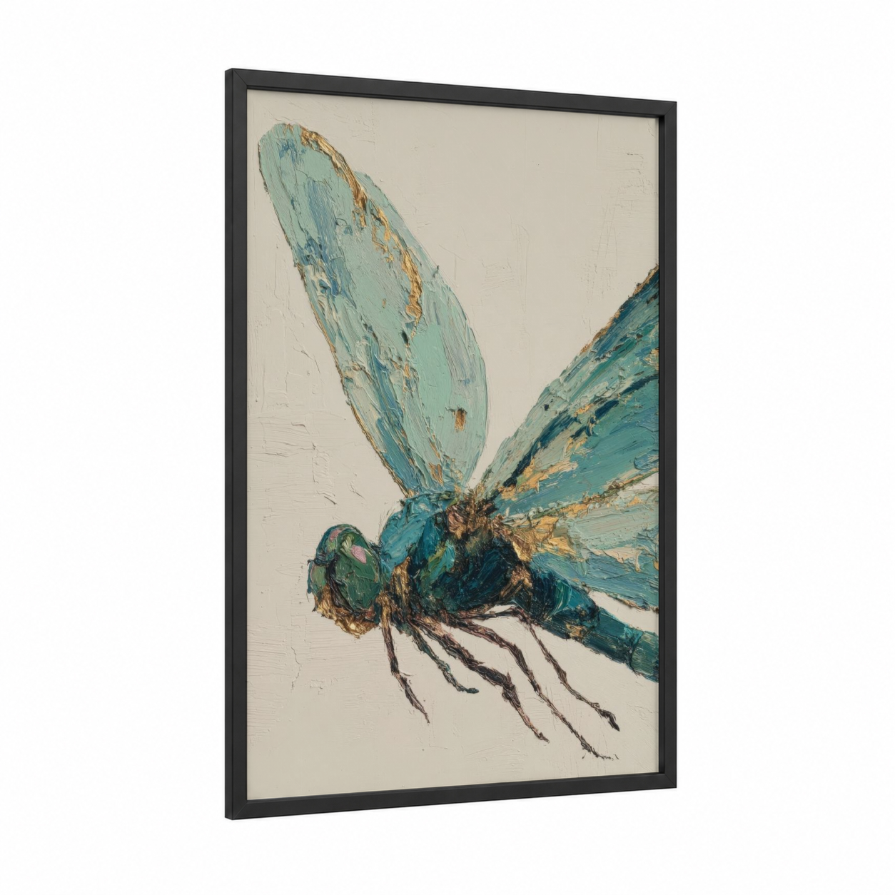 Turquoise Dragonfly framed art print — black wood frame — turquoise and gold palette