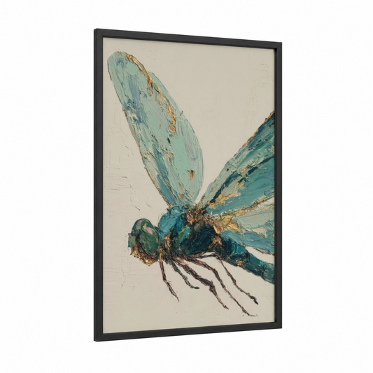 Turquoise Dragonfly framed art print — black wood frame — turquoise and gold palette
