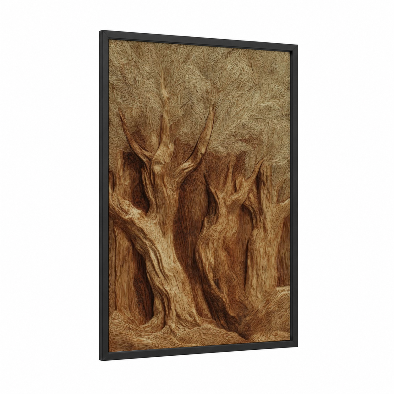 Ancient Grove Carving framed woodcarving print — black wood frame — brown and gold palette