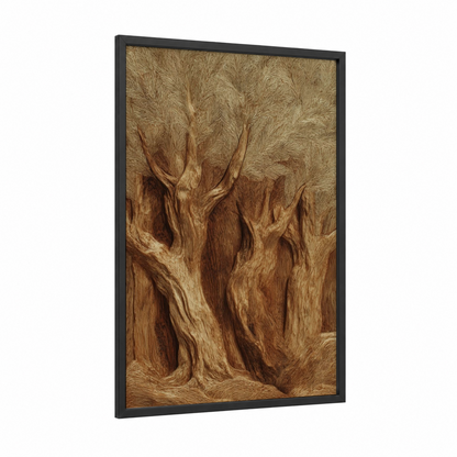 Ancient Grove Carving framed woodcarving print — black wood frame — brown and gold palette
