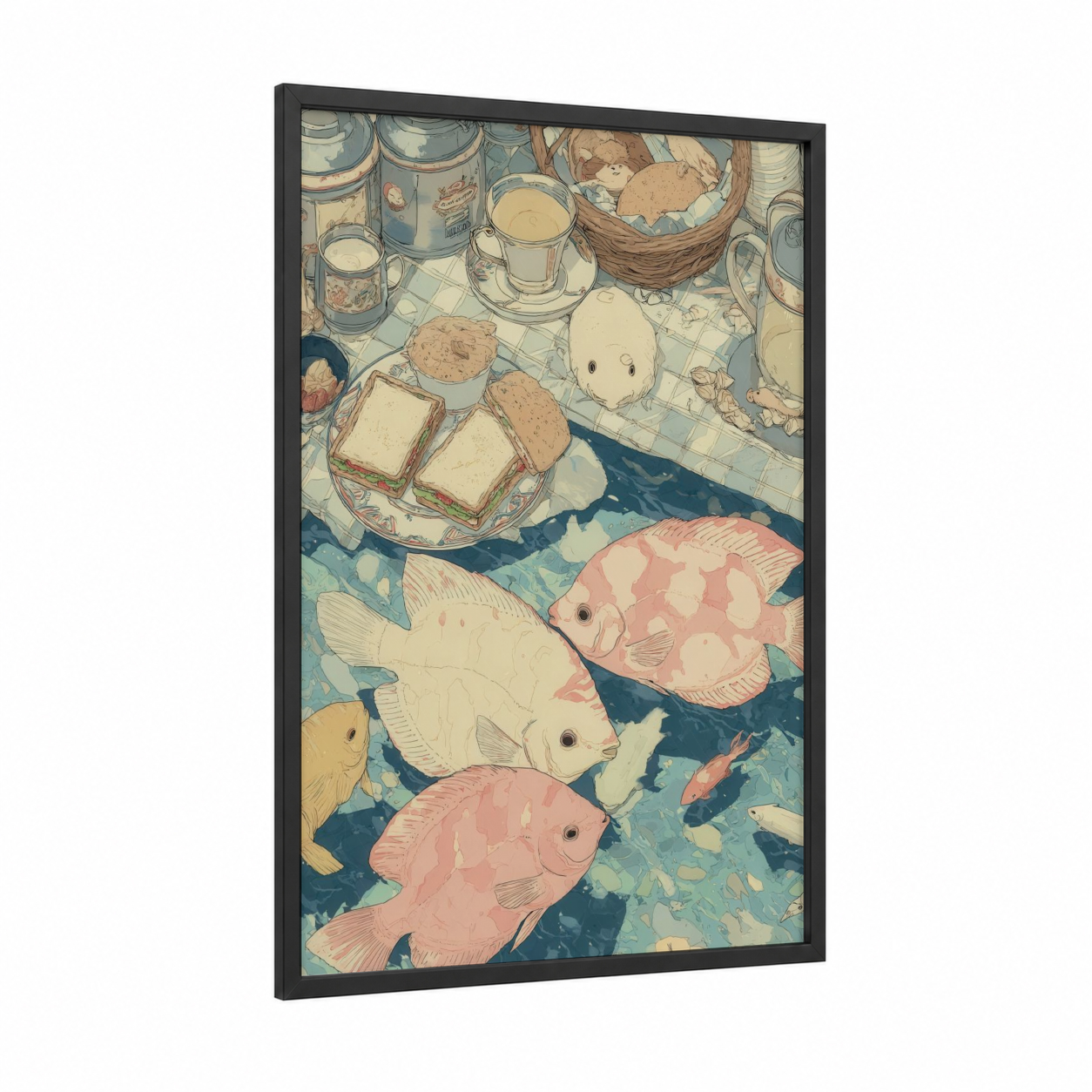 Picnic Discus Fish framed art print — black wood frame — cream and light green palette