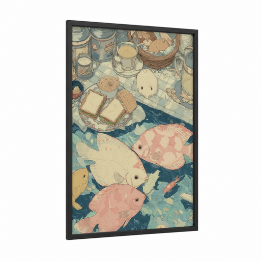 Picnic Discus Fish framed art print — black wood frame — cream and light green palette