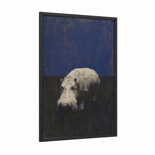 Midnight Hippo framed art print — black wood frame — dark blue and black and white palette