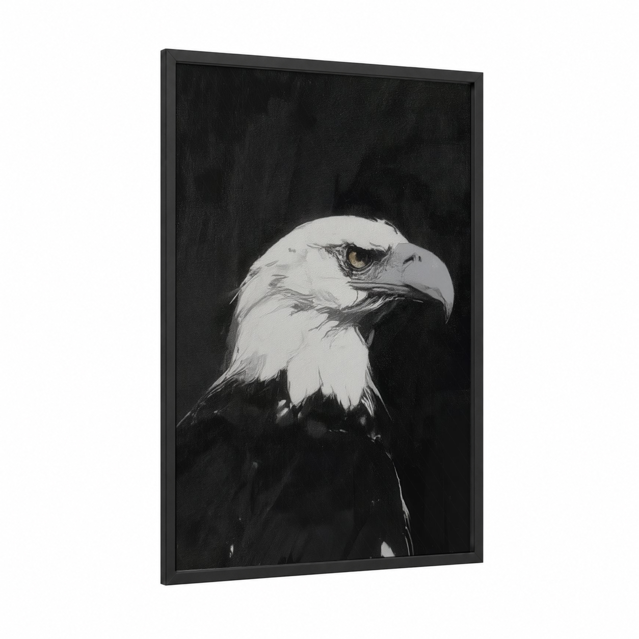 Majestic Eagle Portrait framed art print — black wood frame — black and white and gray palette