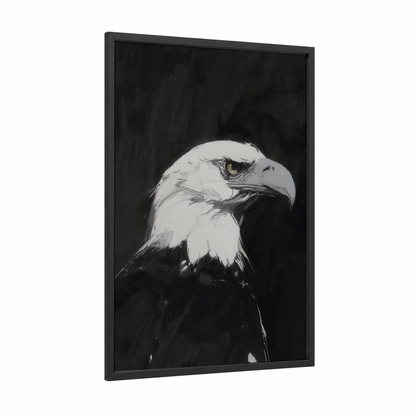 Majestic Eagle Portrait framed art print — black wood frame — black and white and gray palette