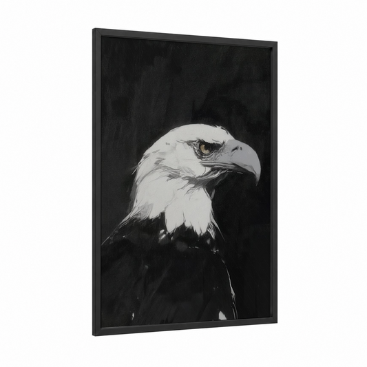 Majestic Eagle Portrait framed art print — black wood frame — black and white and gray palette