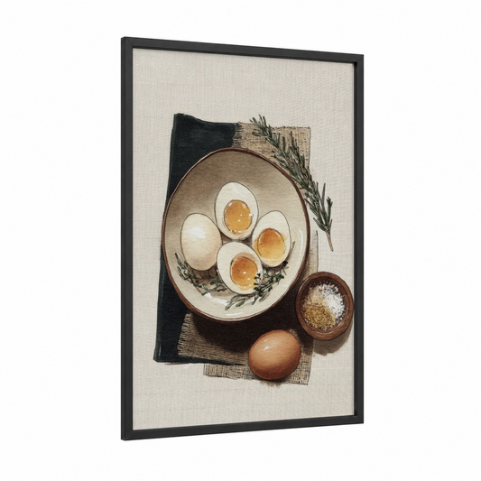 Soft Boiled Breakfast framed art print — black wood frame — cream and brown palette