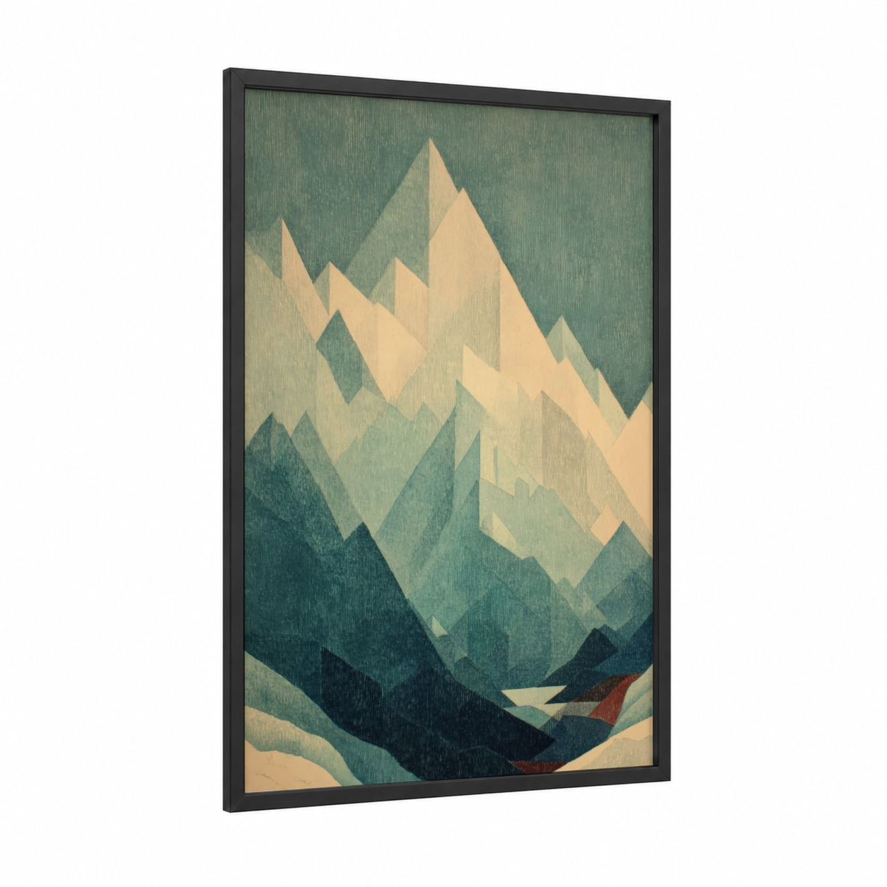 Cream Peak Mountains framed snowy mountains print — black wood frame — cream and sage green palette