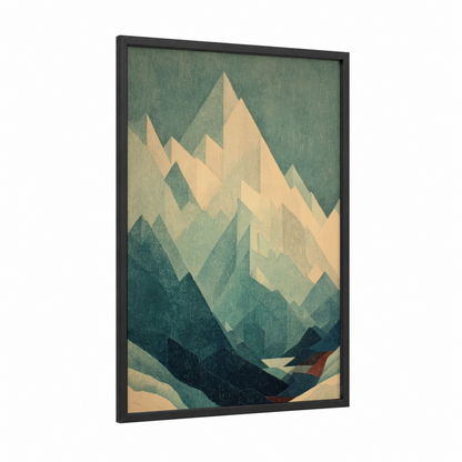 Cream Peak Mountains framed snowy mountains print — black wood frame — cream and sage green palette